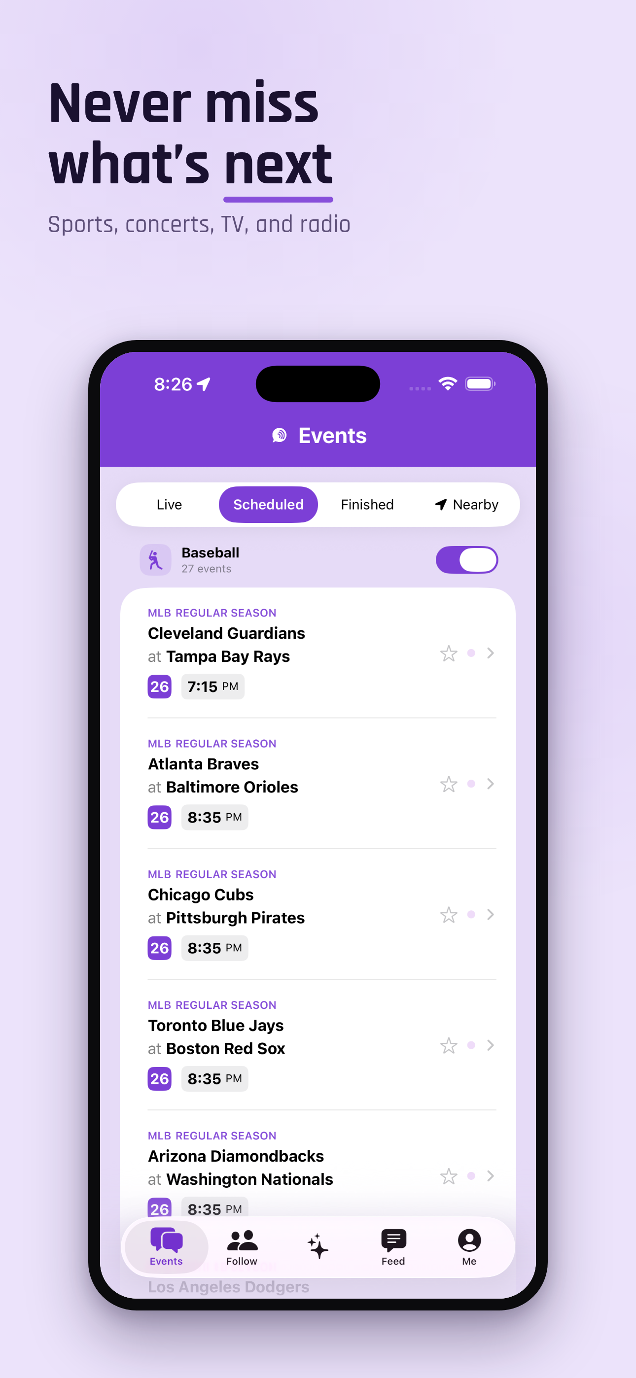Chirpr Events tab with live and upcoming events
