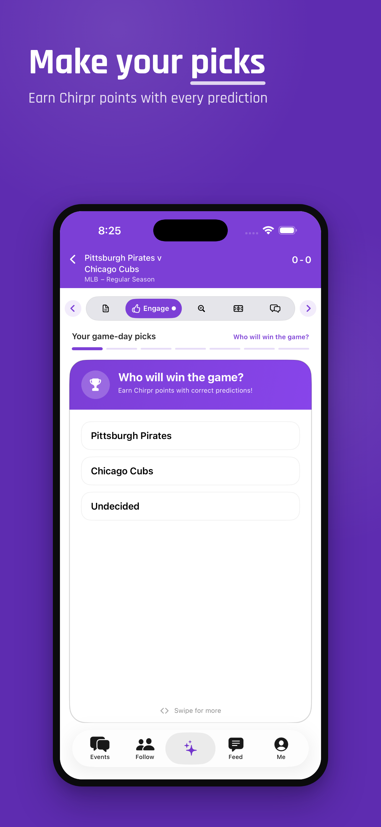 Chirpr Engage screen for making event predictions
