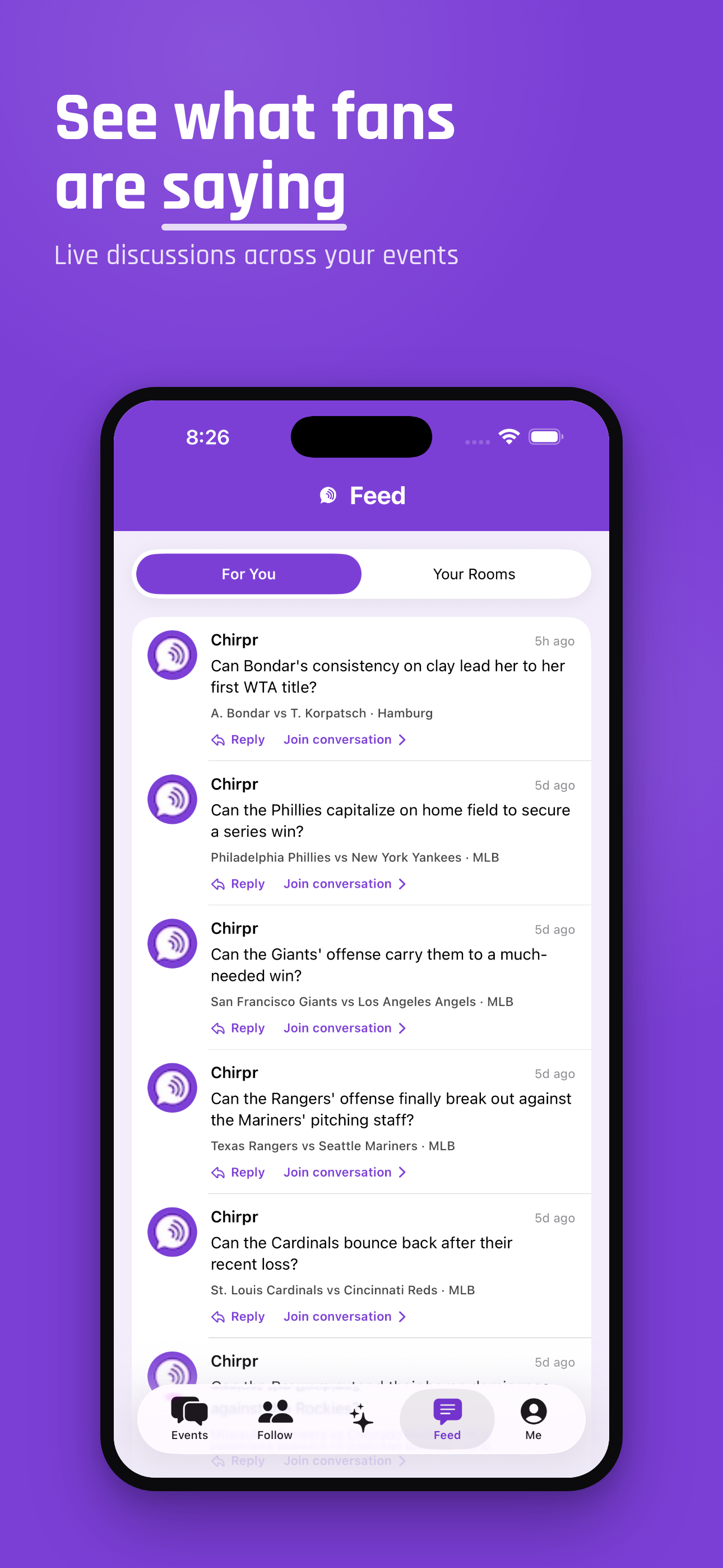 Chirpr Feed with conversations across events