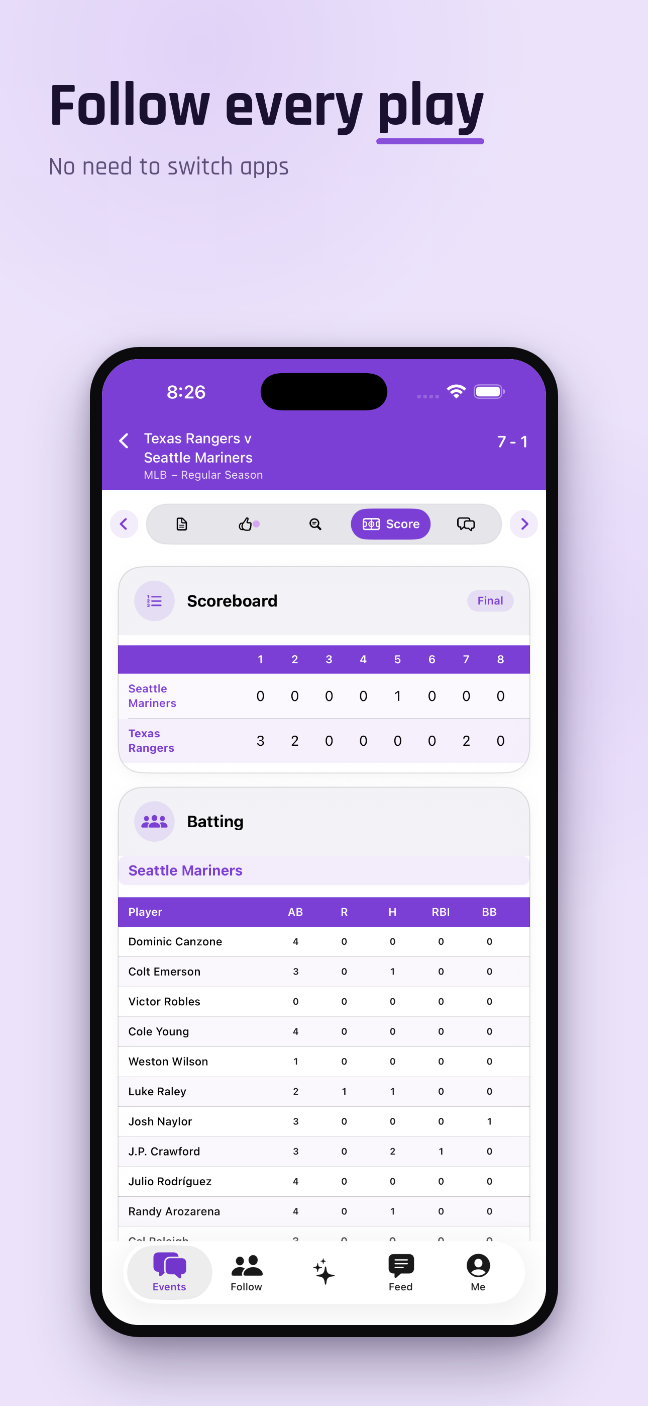 Chirpr Score tab with live sports context