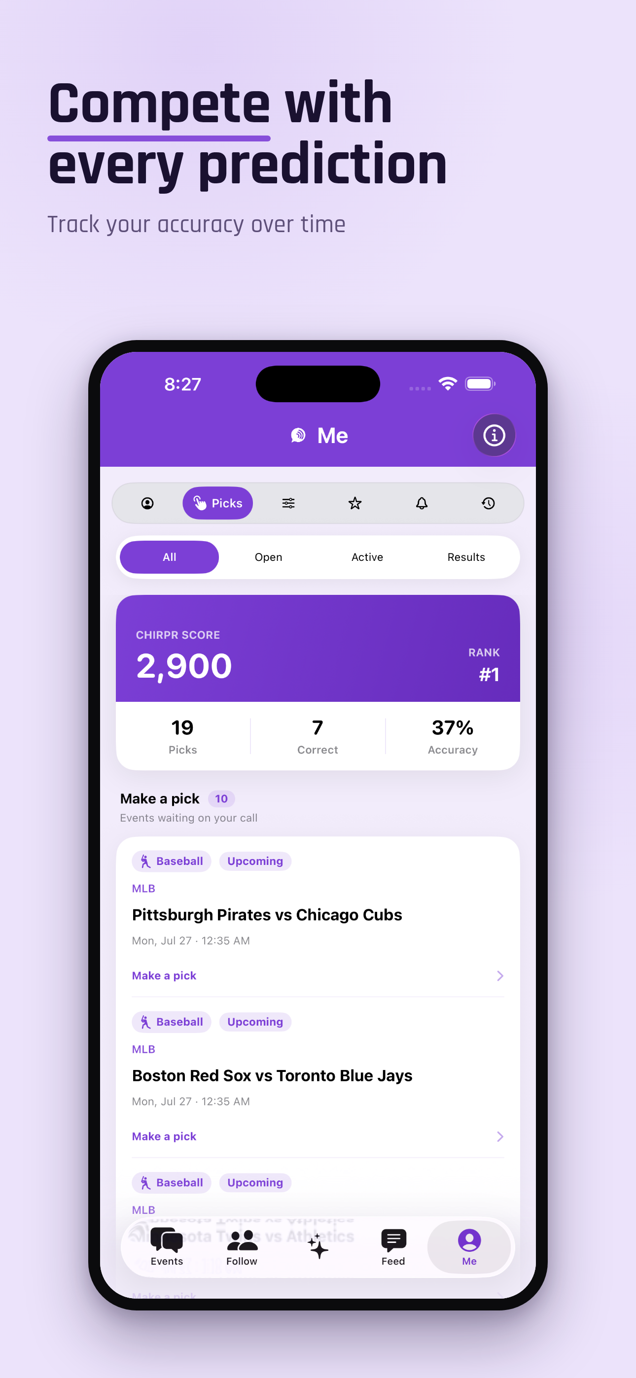 Chirpr Picks hub with prediction history and accuracy