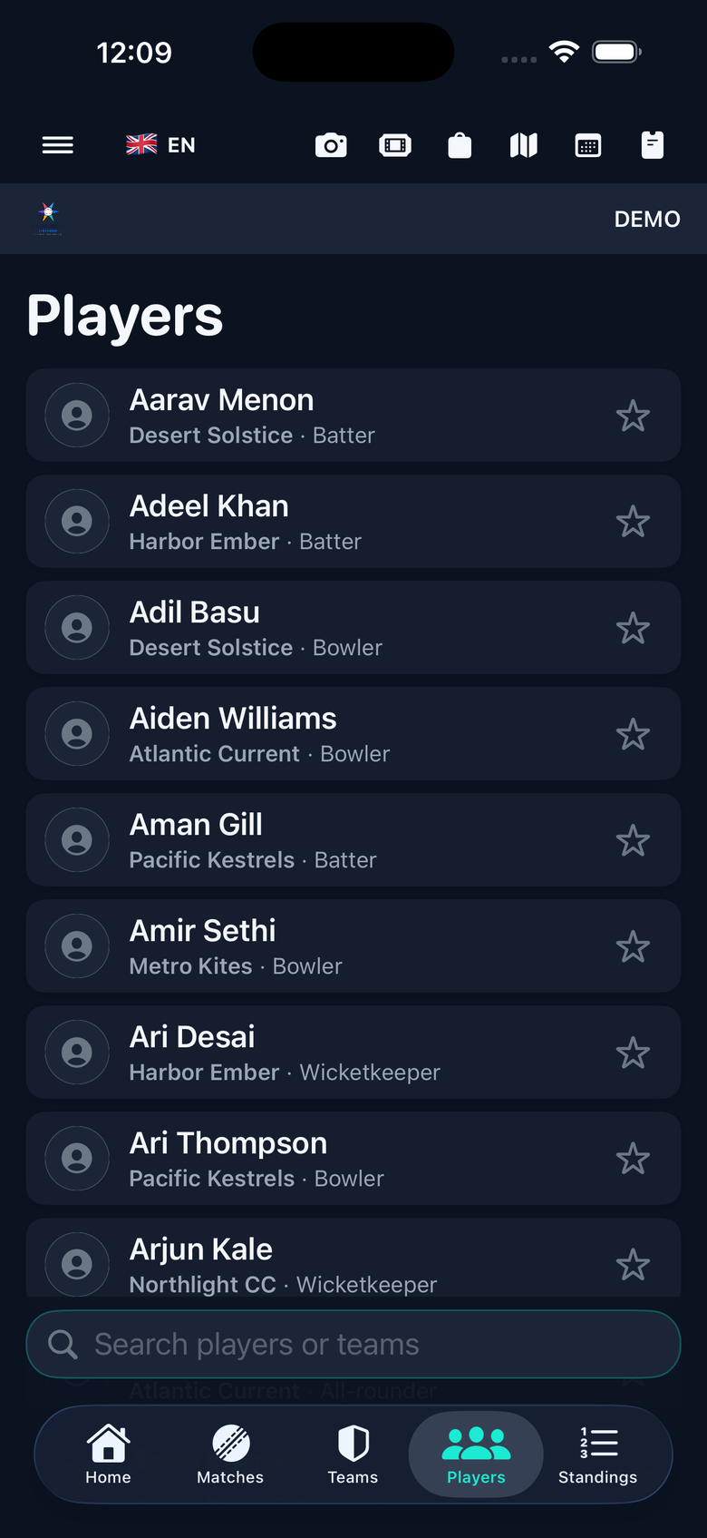 Players directory with team, role, and favorites