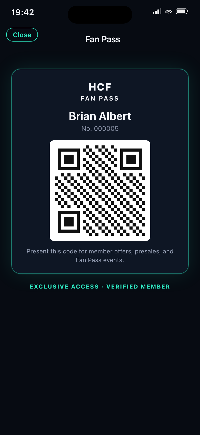 Harbor City FC Fan Pass membership card with QR code
