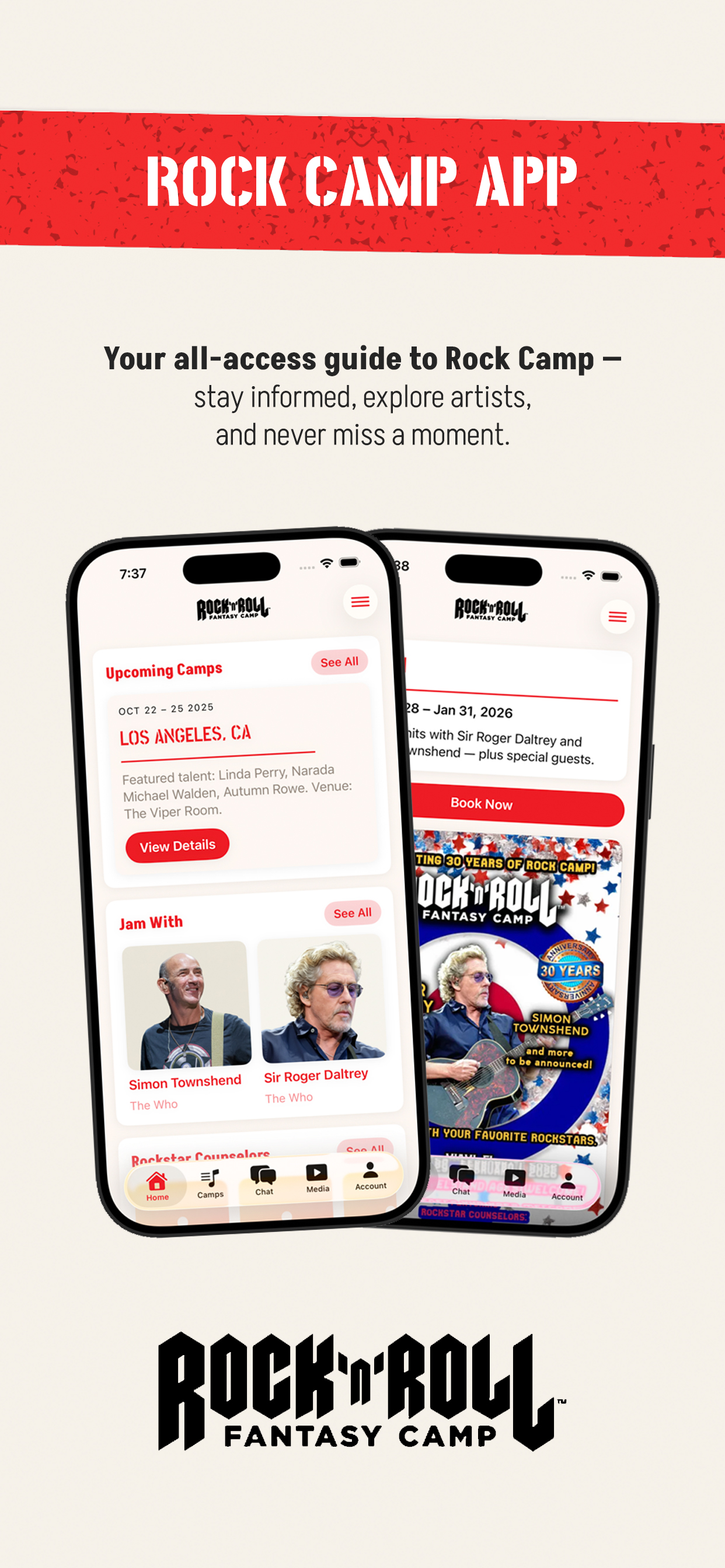 Rock and Roll Fantasy Camp official camper app home screen