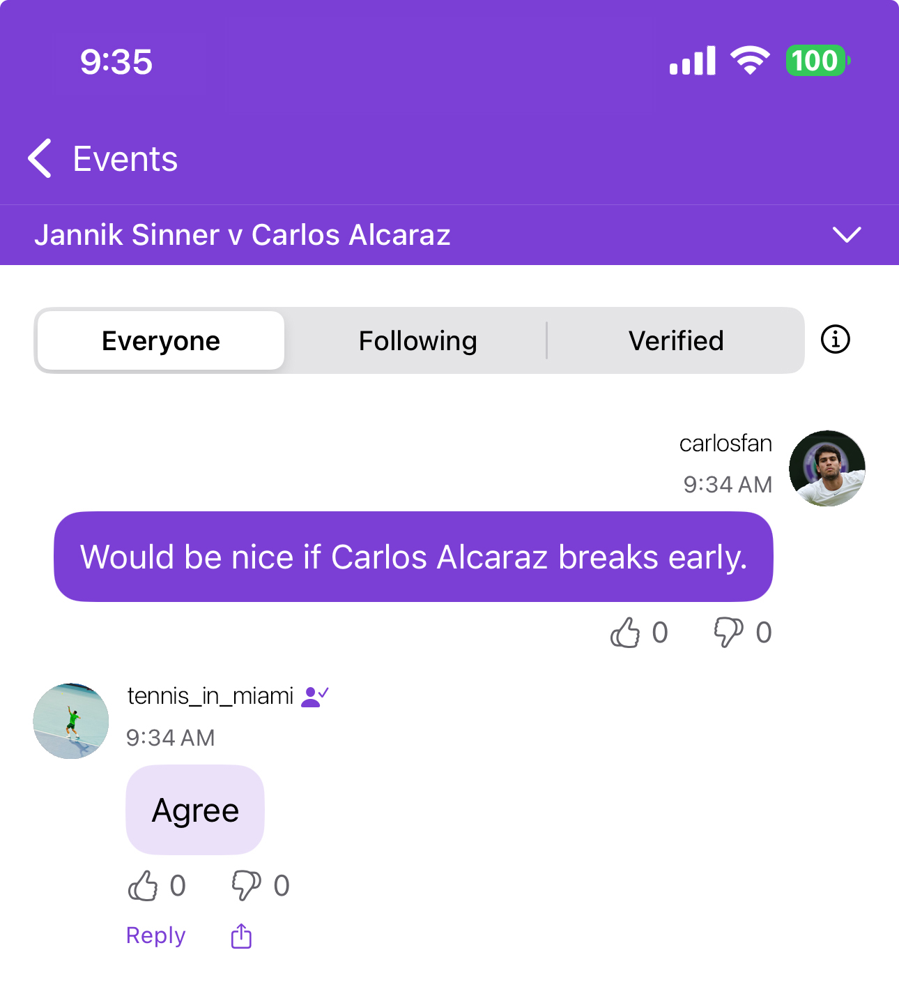 Screenshot of the Chirpr live sports chat app in action