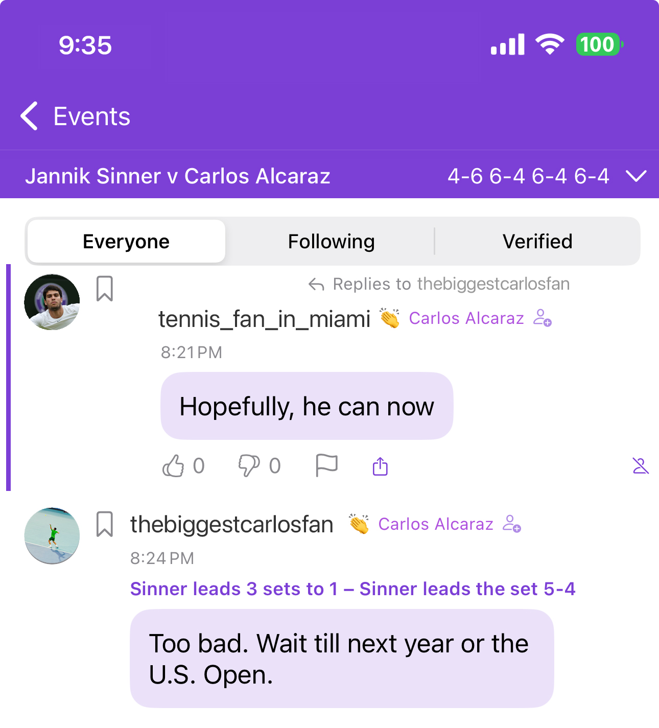 Screenshot of the Chirpr live sports chat app in action